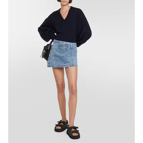 Re/Done Womens Button Front Mini Denim Wrap Skirt Acid Blue Size 27 - Picture 2 of 11